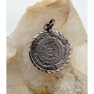 Vintage Sterling Silver Aztec Mayan Calendar Charm Pendant 925 Coin Medallion